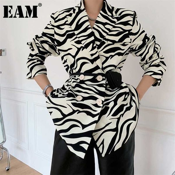

[eam] women zebra pattern big size blazer lapel long sleeve loose fit jacket fashion spring autumn 1db329 211019, White;black