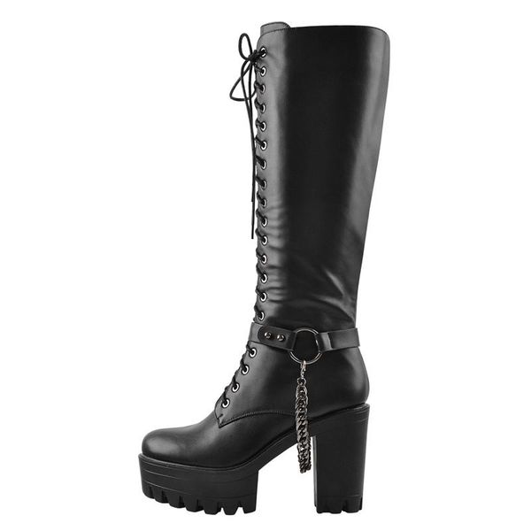 

women's black matte platform front lace-up side zip knee high boots lady fashion classic big size long