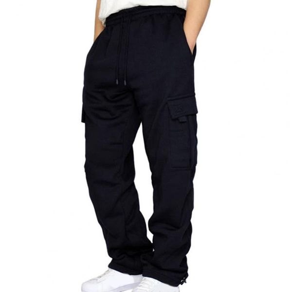 

men's pants men solid color drawstring elastic wiast multi pockets cargo for daily wear, Black