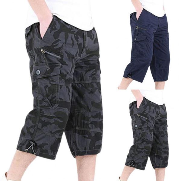 

men's shorts stylish pants 3/4 length comfy casual multi pockets loose cropped trousers, White;black
