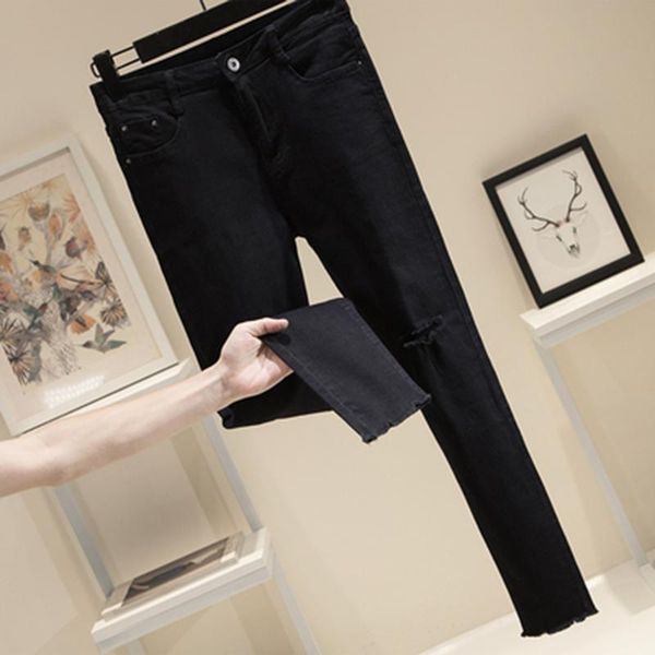 

high waist skinny ripped women's jeans rough edge ankle length pencil pants with hole plus size ladies korean style slim denim, Blue
