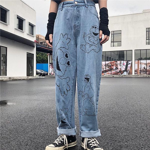 

jeans for women 2021 autumn pants cotton cartoon loose wide leg vintage high waist female trousers women's, Blue