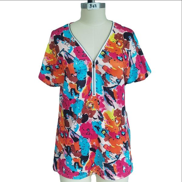 

2021 summer new v-neck zipper loose print short sleeve t-shirt, White