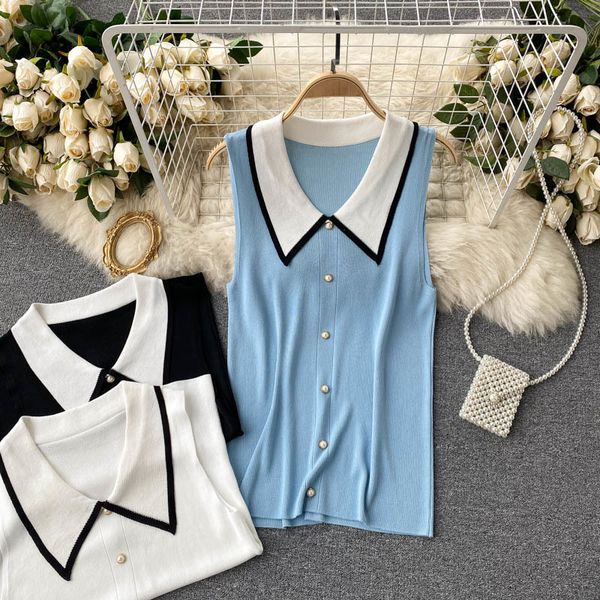 

women knitted hit color single breasted sleeveless sweater vest turn-down collar slim fashion spring summer 11b751 210525, Black;white