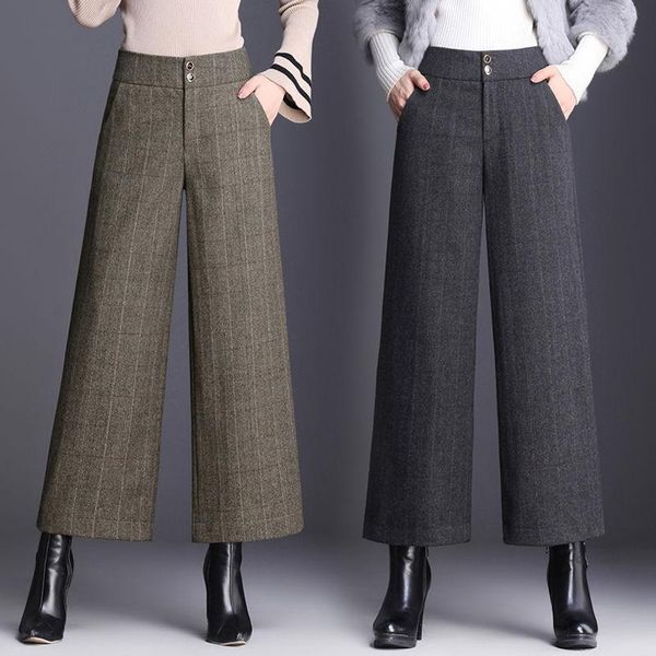

women's pants & capris women 2021 autumn winter casual loose woolen high waist warm office lady straight trousers female elegant wool a, Black;white
