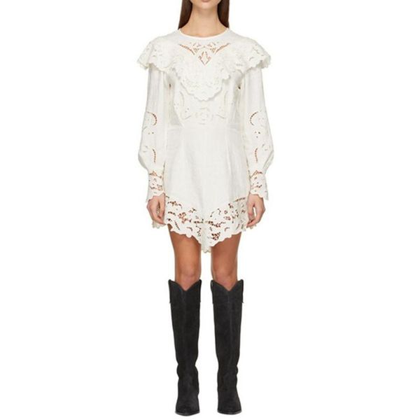 

casual dresses 2021 early spring women mini dress lace hollow out lady retro o-neck slim waist irregular short female clothes, Black;gray