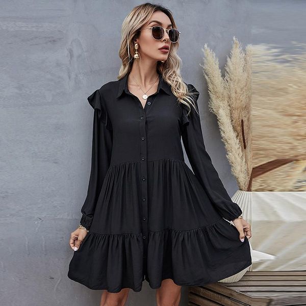 

casual dresses black ruffles chiffon women dress turn-down collar long sleeve autumn winter single-breasted office ladies shirt vestidos, Black;gray