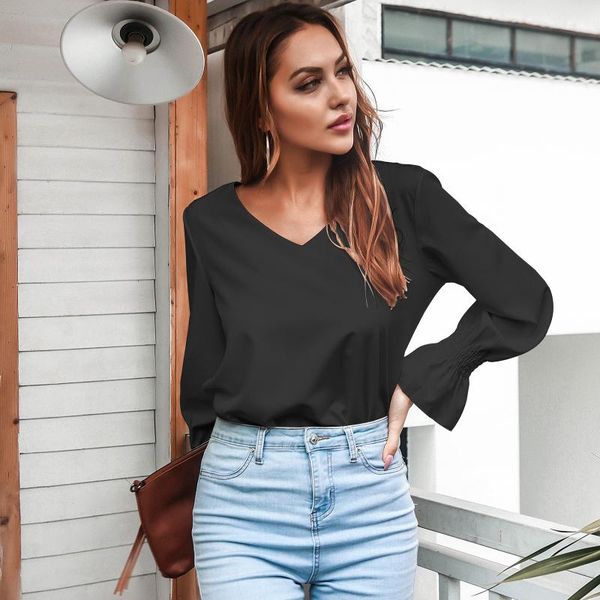 

women's t-shirt autumn ladies horn sleeve long pure color lace halter v-neck fashion, White