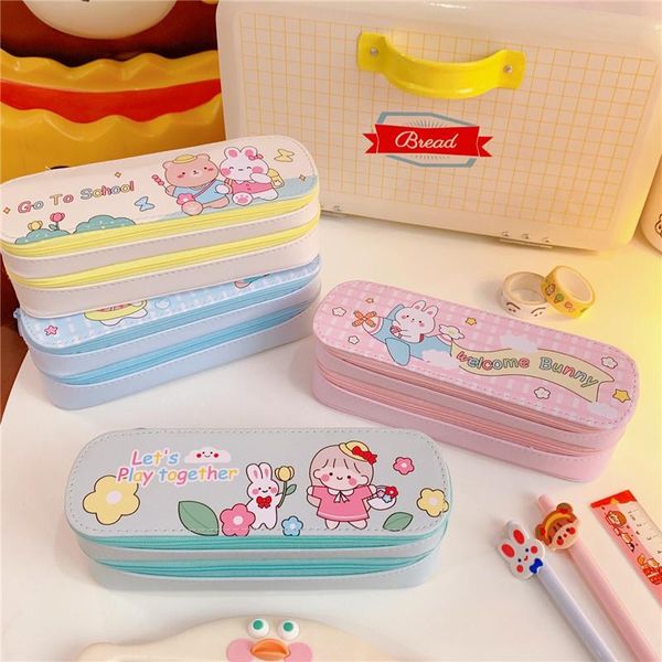 

kawaii cute girls pencil case large-capacity canvas double-layer korea japan student stationery box for primary middle kids cosmetic bags &