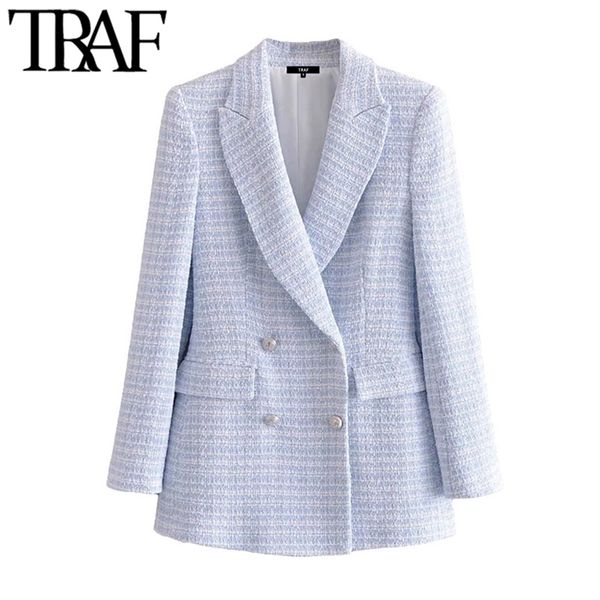 

traf women fashion double breasted tweed check blazer coat vintage long sleeve pockets female outerwear chic veste 210826, White;black