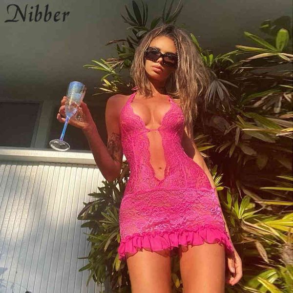 

nibber y2k fashion mini dresses solid color lace fabric halter neck tie low-cut nightgown for women party night clubwear y1204, Black;gray