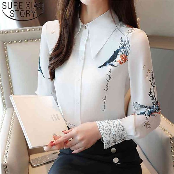

blusas autumn women and blouse shirt long sleeve nice button fashion printing elegant chiffon 7082 210421, White