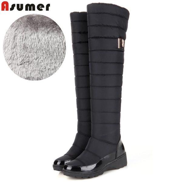 

boots asumer 2021 fashion knee high women shoes patent pu leather warm down thick fur winter snow female ladies botas, Black