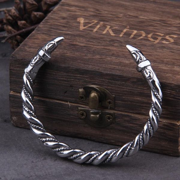 

link, chain stainless steel nordic viking norse raven bracelet adjustable men wristband cuff bracelets with wooden box, Black