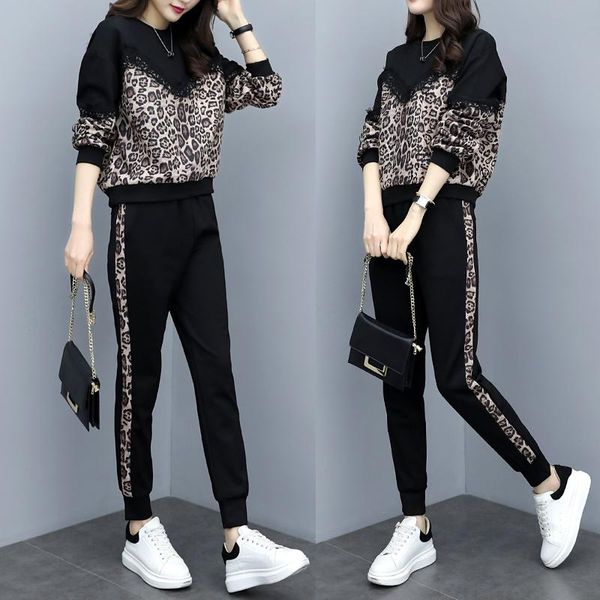 

women's two piece pants large size women 's style youthful -looking leopard print long sleeve sports suit spring and autumn slimmi, White