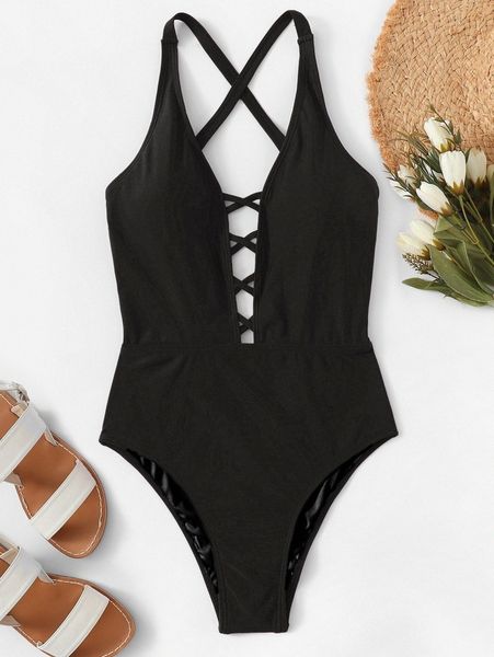 

criss cross ruched backless one piece swimsuit c1zz#, White;black