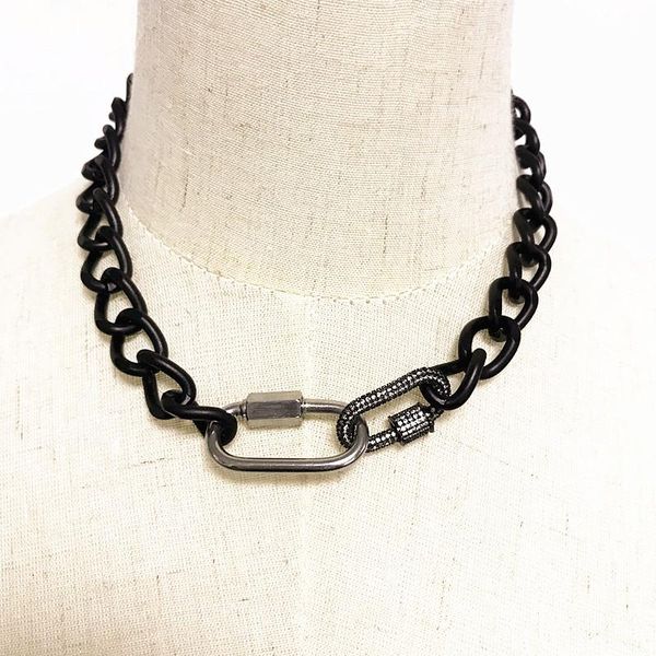 

man punk style cuban chain necklace black vintage statement women jewelry cubic zirconia spiral buckle pendant bling choker chains, Silver