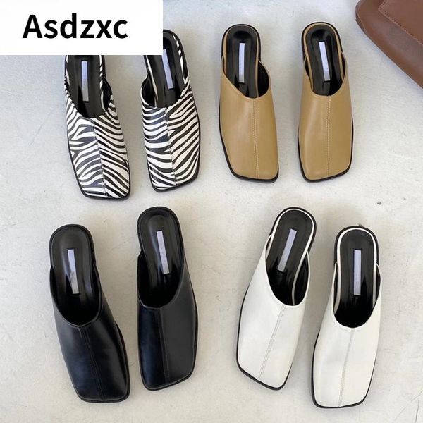 

slippers 2021 brand women slipper square toe slip on mules shoes fashion zebra pattern low heel ladies slides, Black