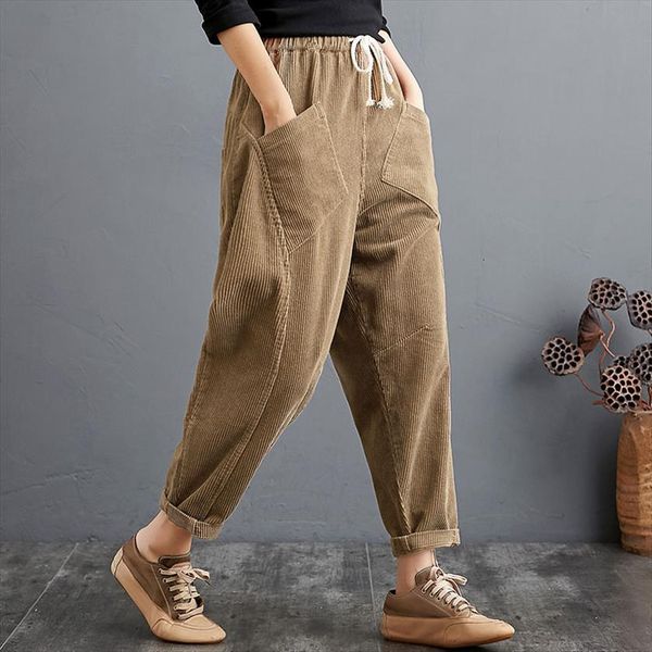 

spring autumn arts style women pants elastic waist double pocket loose corduroy all matched casual solid harem v113, Black;white
