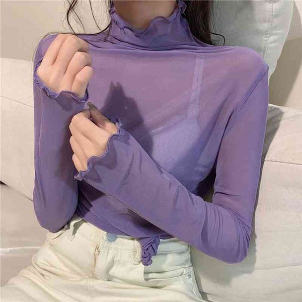 

autumn mesh turtleneck blusas womens blouses mujer de moda, White
