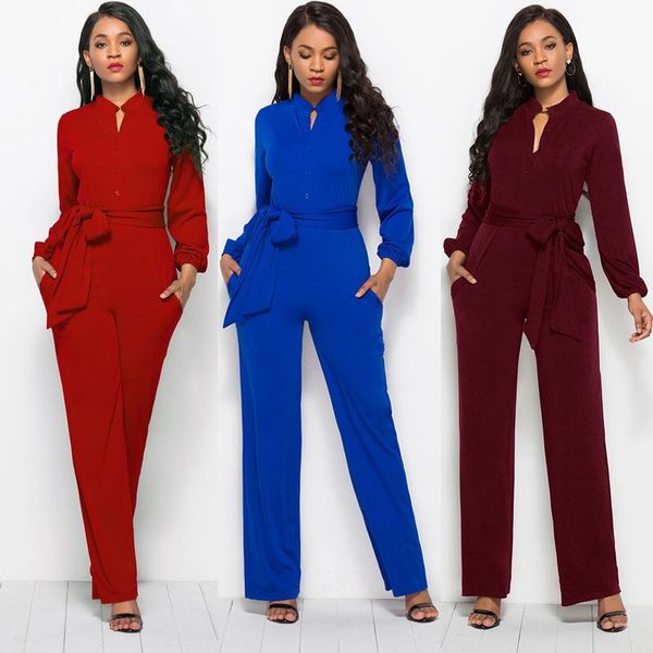 

women's jumpsuits & rompers women wide leg pants belt jumpsuit elegant office lady long sleeve party evening female overalls plus size, Black;white