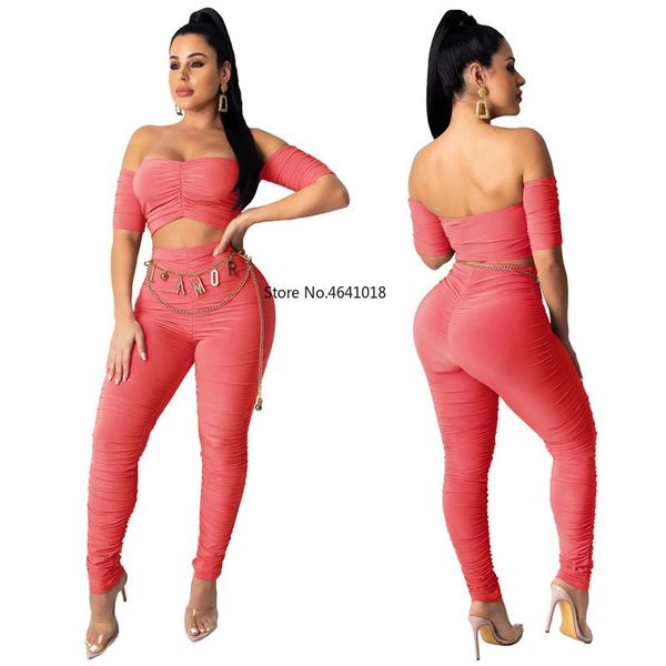 

pleated 2 piece set women off shoulder crop and pants summer club outfits backless matching sets female two dress, White