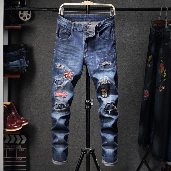 

fashion jeans men's embroidery stretch slim autumn and winter 2021 wear versatile, Blue