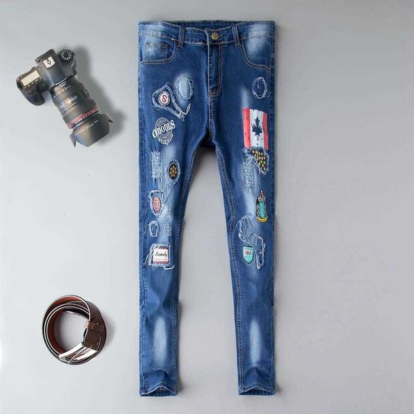 

men's jeans patch ny casual cotton classic ripped denim for men straight slim fit plus size distressed harajuku biker jean d82r kxvh, Blue