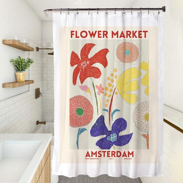 

shower curtains ins curtain korean style bathroom flower printed partition washable room door screen home decor drapeau