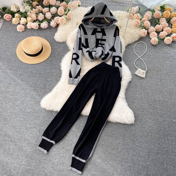 

women's two piece pants 2021 winter knit set women harem pant suits letter printed hoodies sweaters jogging knitted tracksuit outfits, White
