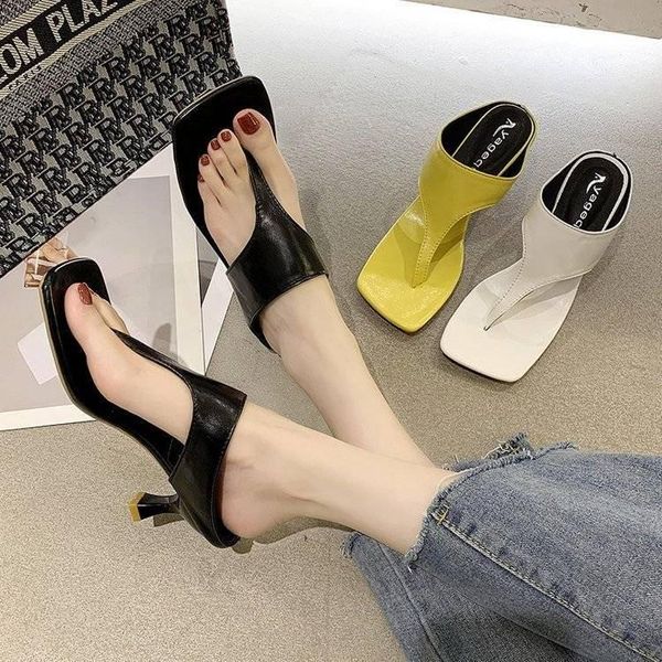 

slippers flip-flops female 2021 year summer fashionable joker fine with square head cool high-heeled, Black