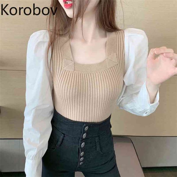 

korobov vintage elegant knit pathwork women sweaters korean long sleeve square collar pullovers sweet office lady sueter mujer 210430, White;black