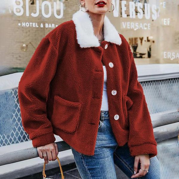 

women's jackets autumn winter solid color woman's fleece thicken warm jacket coat fashion lapel long sleeve chic single button, Black;brown