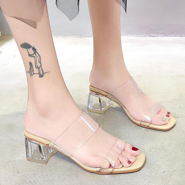 

sandals clear heels slippers women summer shoes woman transparent high pumps wedding jelly buty damskie square, Black