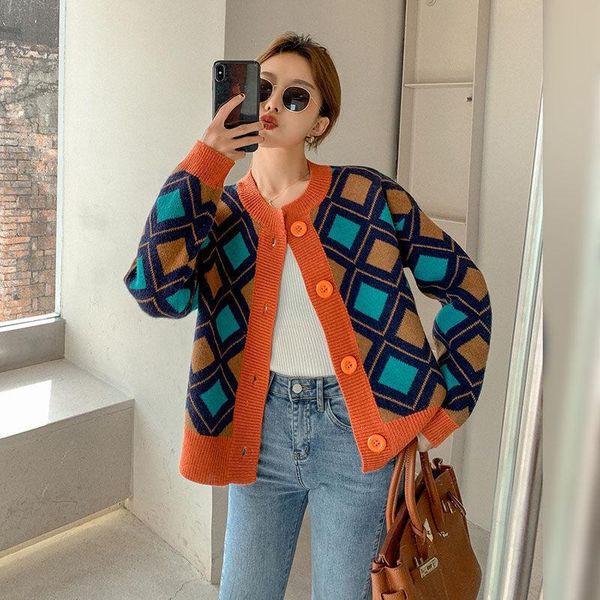 

women's knits & tees vintage plaid short knitted sweater and cardigan women autumn french long sleeve loose korean fashion sueter muje, White