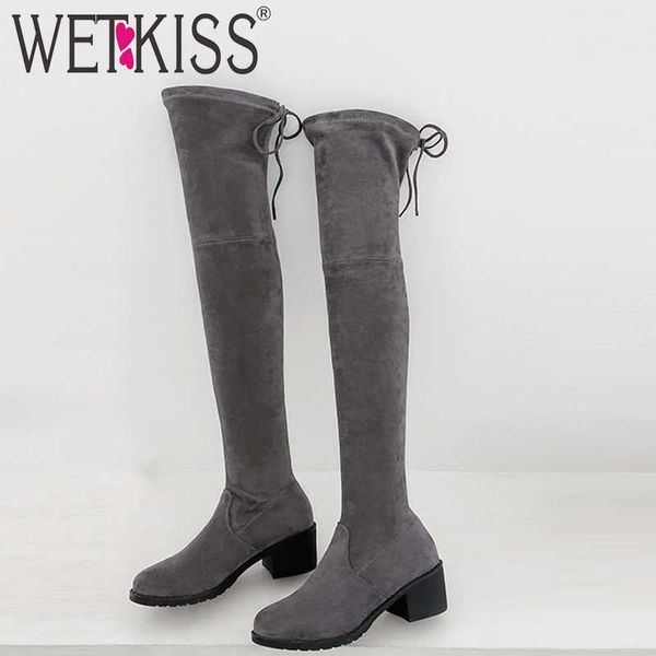 

wetkiss high heels boots women stretch flock boot female round toe over the knee shoes ladies cross tied shoes winter 210630, Black