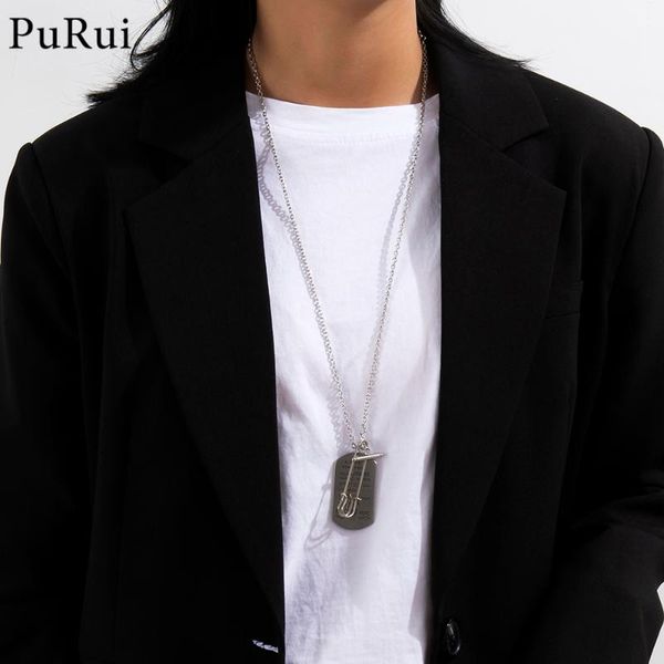 

punk initial square pendant necklaces stainless steel long necklace pin pendants hip hop bar jewelry for women/men, Silver