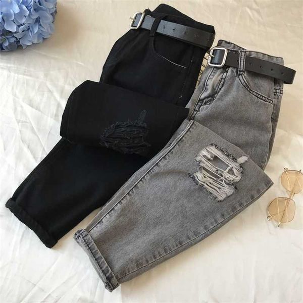 

retro streetwear women straight hole denim ripped jeans loose casual harem pants black high waist jean femme 210927, Blue