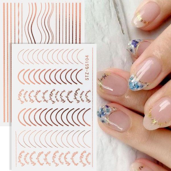 1 pcs Rose Gold Sliders 3D adesivos de unhas em linha reta revestimentos curvados fita fita envoltório geométrica unhas arte decoração de arte Na214