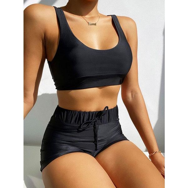 

black sport swimsuit 2 piece bathers women's swimwear tank beachwear high waist swim suits separate 2021 tankini with shorts one-piece