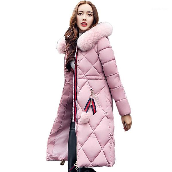 

big fur winter coat thickened parka women stitching slim long down cotton ladies jacket, Black