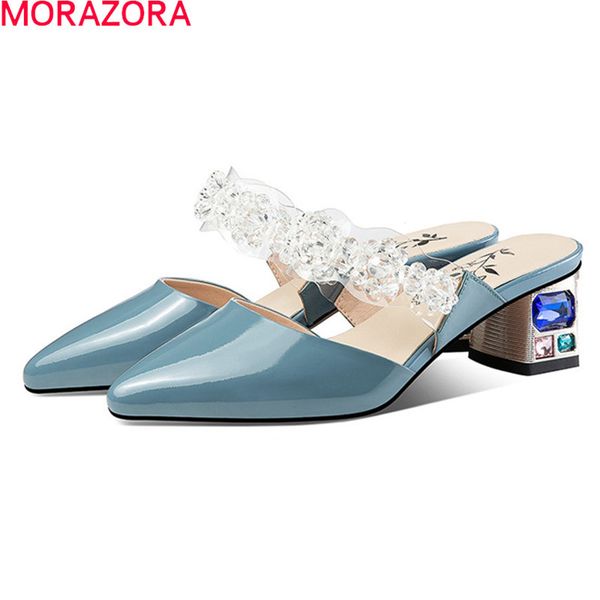 

morazora big size 34-42 women slippers genuine leather ladies mules shoes square heels pointed toe summer party shoes 210506, Black