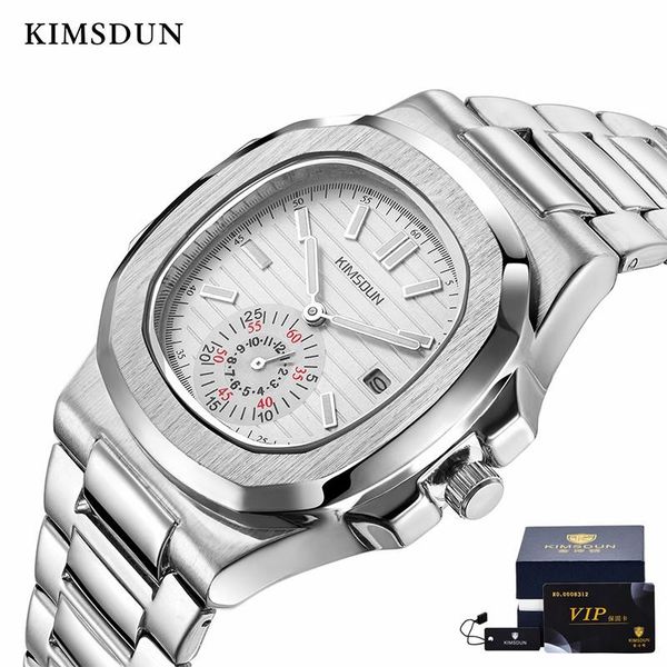 

men's quartz watch kimsdun brand fashion business luxury steel band date display male clock relogio wristwatches, Slivery;brown