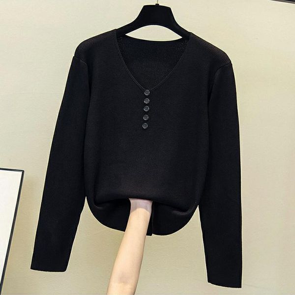 

women's sweaters women knitting sweater long sleeves button v-neck collar female casual solid fashion pullover ladies winter plus size, White;black