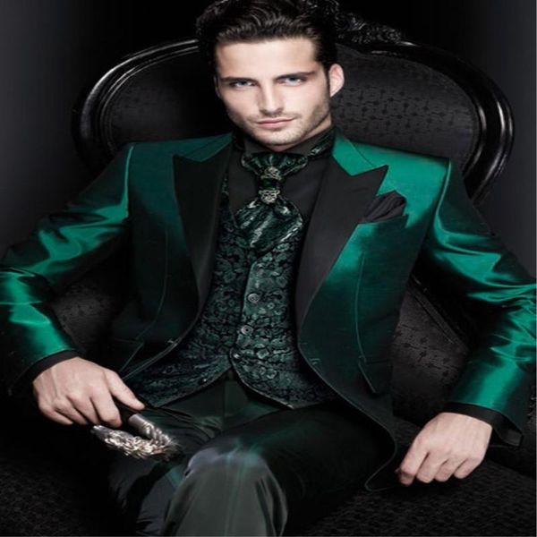 

wedding green satin men suit 3 pieces (jacket + pants vest tie) custom made groom tuxedos latest design slim fit blazer men's suits & b, White;black