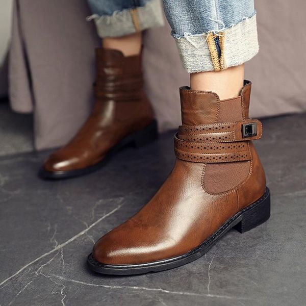 

boots women est elastic band black ankle short plush insole med heel cool style belt buckle autumn shoes