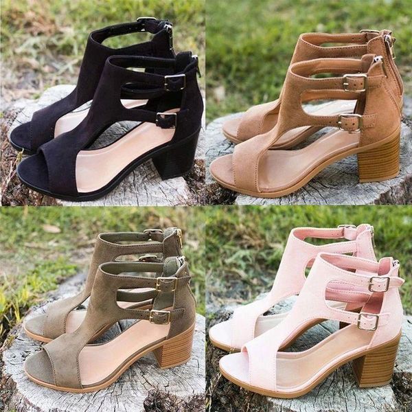 

women summer sandals solid flock ankle buckle square heel platform peep toe 2021 casual fashion ladies shoes zapatos de mujer, Black