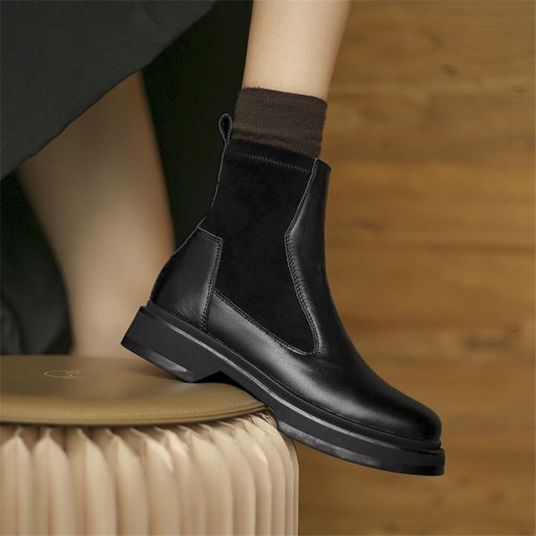 

winter women boots cow leather all-match round toe ankle boots low-heel slip-on platform boots large size 40-43 item no.473 210507, Black