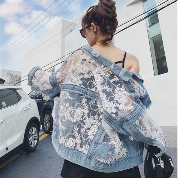 

women's jackets fashion lace patchwork jean hole denim jacket coat women oversized long sleeve perspective flower embroidery loose over, Black;brown