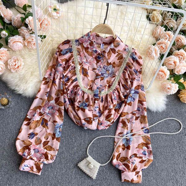 

singreiny women french flower blouse retro turndown collar puff sleeve button spring casual loose bohemian print blouses 210419, White